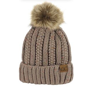 C.C. Thick Cable Knit Faux Fuzzy Pom Fleece Lined Beanie